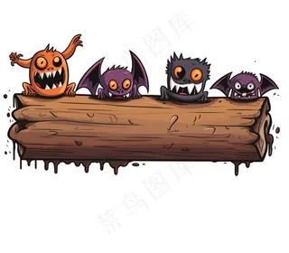 万圣节标题框蝙蝠木板插画免抠