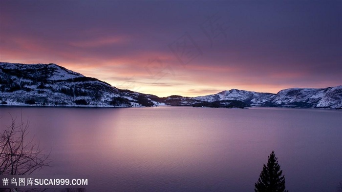 晚霞湖畔美景风景画壁纸