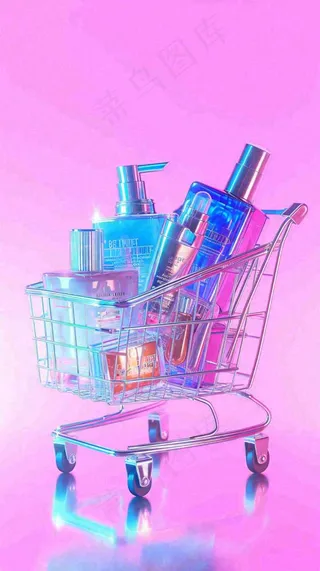商品购物车电商美妆洗漱用品，彩色缤纷C4D