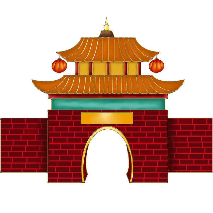 中国风复古式国潮门楼手绘城门插画牌楼建筑PSD素材png免扣图