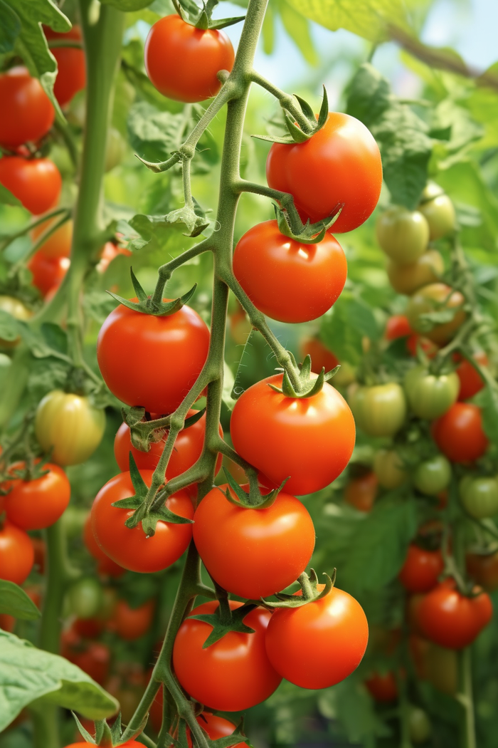 a close up of a bunch of tomatoes on a plant, a digital rendering by Julian Hatton, pixabay, bauhaus, tomatoes hanging on branches, tomatoes, forest gump tomato body (2688x4032)