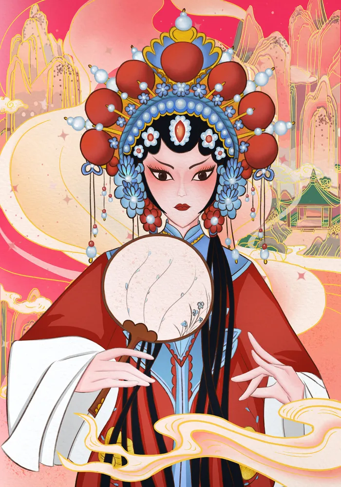 手绘中国风国潮京剧戏曲人物插画古风国粹花旦ai矢量ps设计素材图psd模版下载