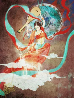 复古中国风国潮神话人物敦煌插画仙女手绘海报背景PSD设计素材