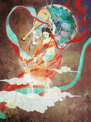 复古中国风国潮神话人物敦煌插画仙女手绘海报背景PSD设计素材