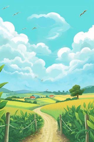 田园小路屋子小麦山脉背景