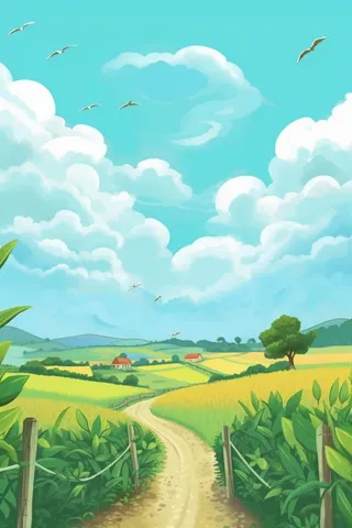 田园小路屋子小麦山脉背景