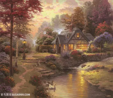乡村湖畔树林草地美景插画装饰画 乡村湖畔树林草地美景插画装饰画
