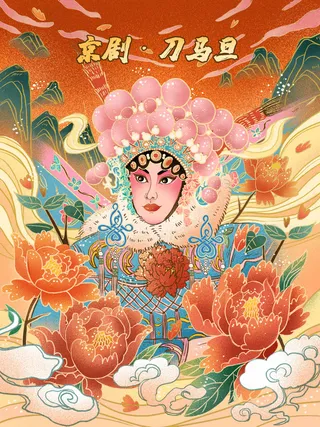 手绘中国风国潮京剧戏曲人物插画古风国粹花旦ai矢量ps设计素材图