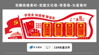 党建文化墙党建素材CDR预览图红色背景学党史治党情跟党走党政权利