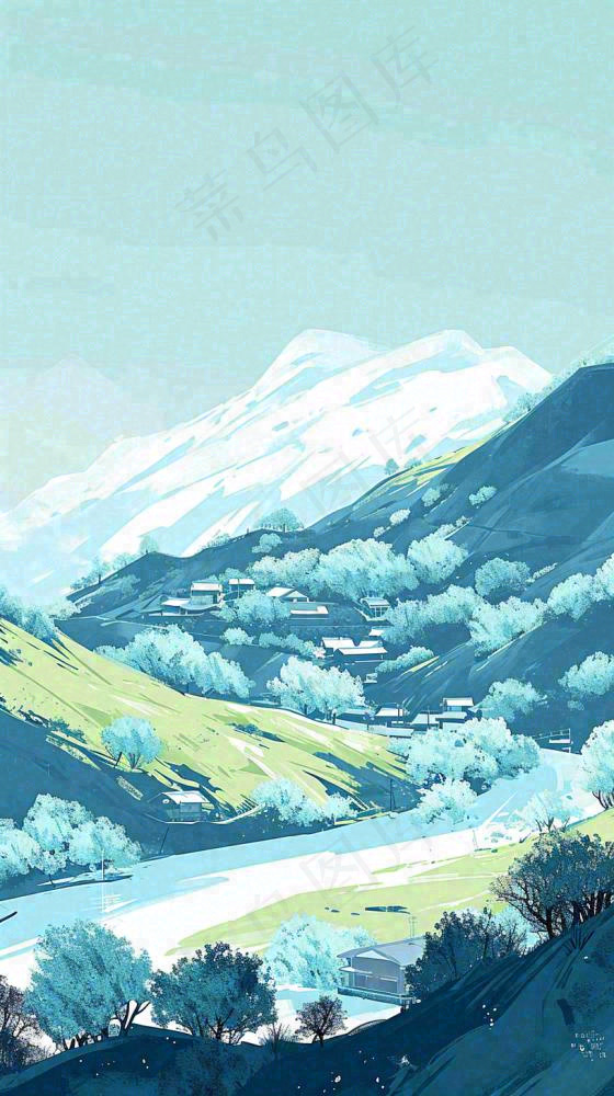 蓝天白云连绵山脉小溪河流小屋，阳光晴天