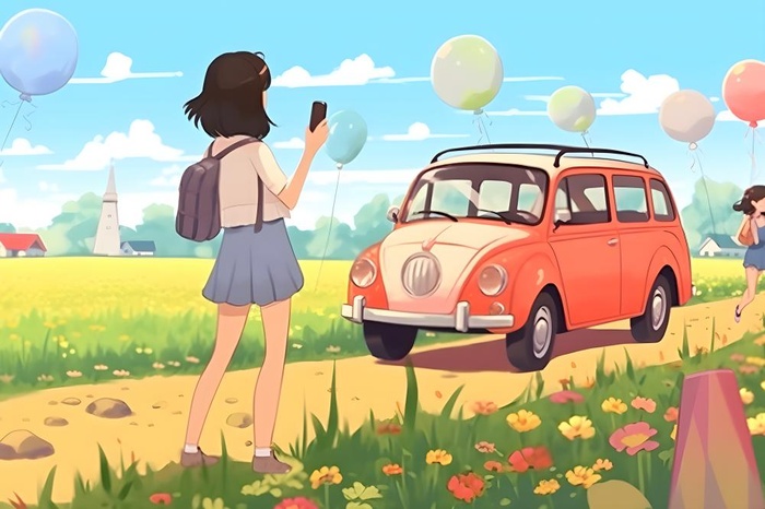开车旅游草原花草人物卡通插画背景(3600x2400)
