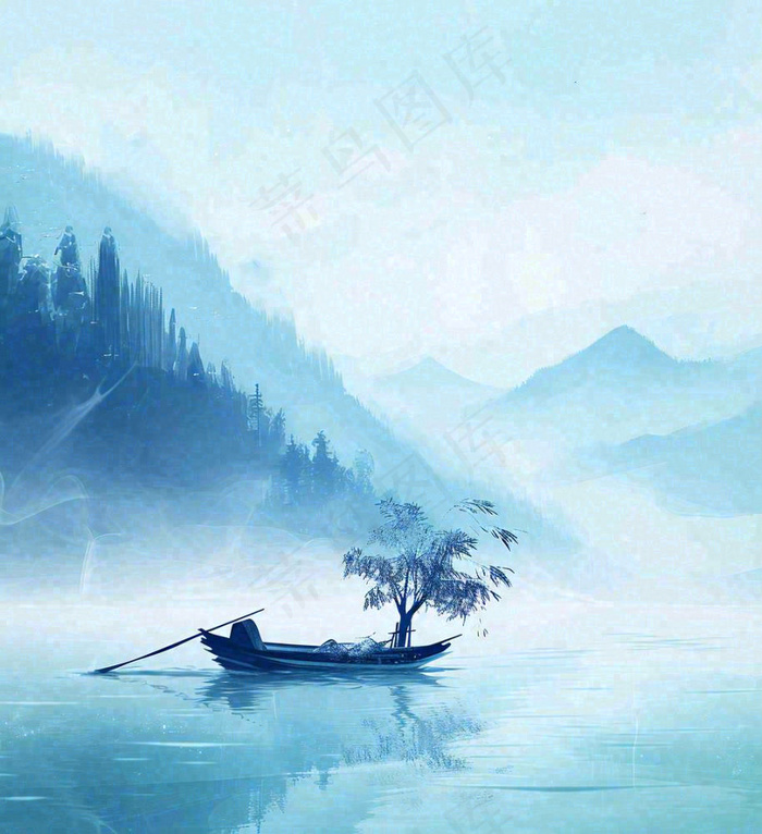 中国风意境湖面山脉云层山水画插画(1024x1120)