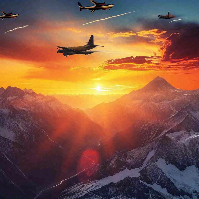 落日下的连绵山脉，飞机战斗机，冰川云海(1024x1024)