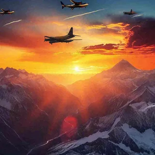 落日下的连绵山脉，飞机战斗机，冰川云海