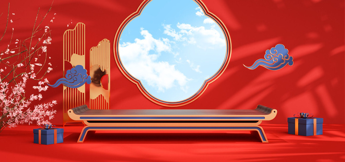 中国风国潮电商促销首页海报C4D背景图3D场景立体设计PSD素材模板