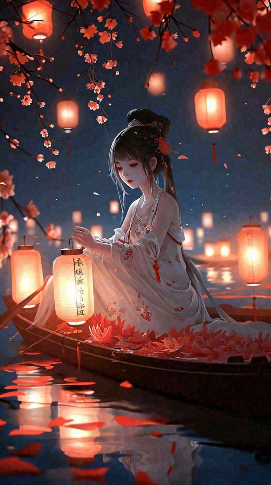古风夜晚湖边少女灯笼意境水面