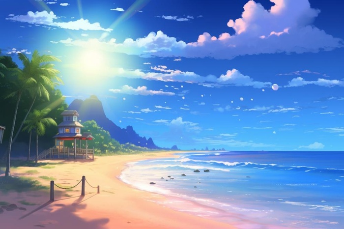 夏日阳光沙滩海浪蓝色插画背景(1344x896)