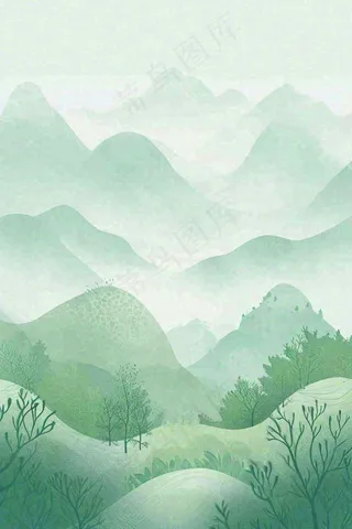 青绿山脉树木小草扁平插画手绘