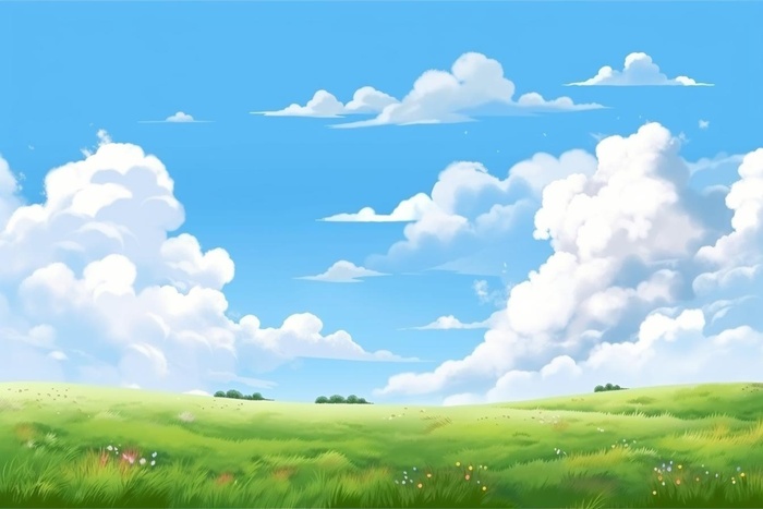 春天的蓝天白云草原很美背景图