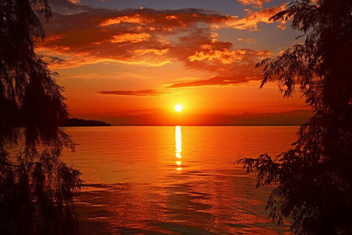 夕阳余晖倒映在湖面上垂下的树枝摄影图