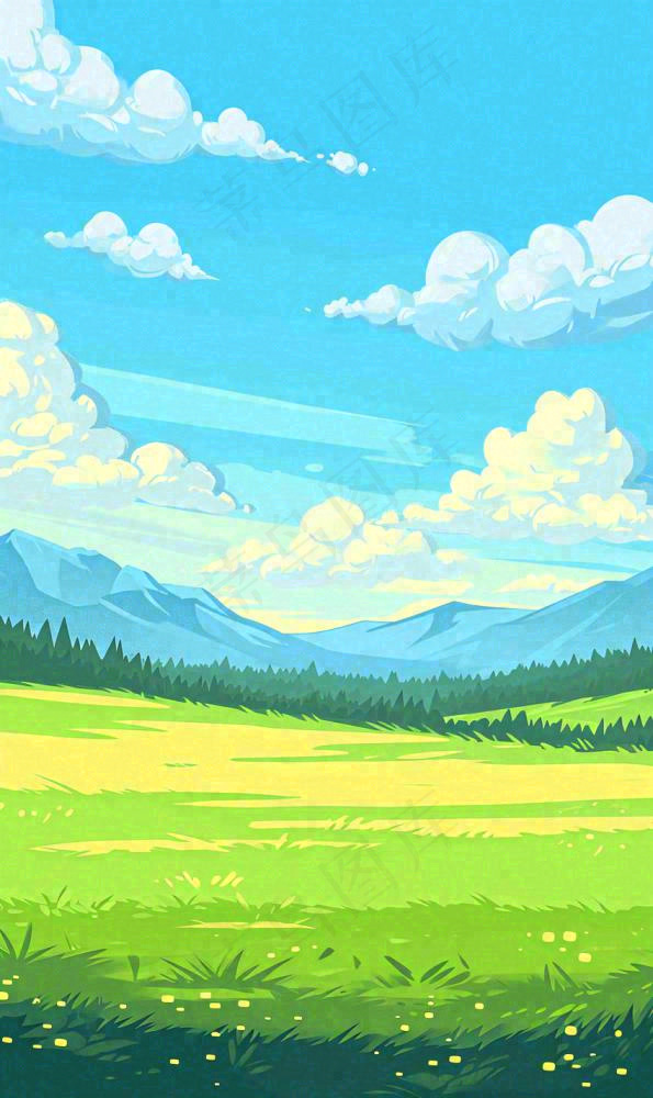 蓝天白云草地山脉插画手绘