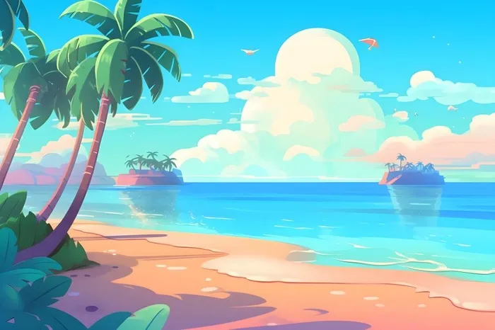 海边度假沙滩椰树冲浪天空插画背景(3600x2400)