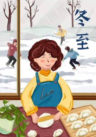 冬至插画小孩玩耍女人包饺子