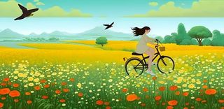 春天蓝天鸟白云群山花丛草丛骑着自行车的女孩人物插画素材背景