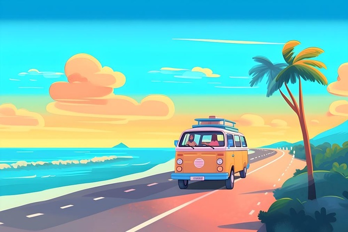 开车旅行海边公路天空云朵插画背景(3600x2400)