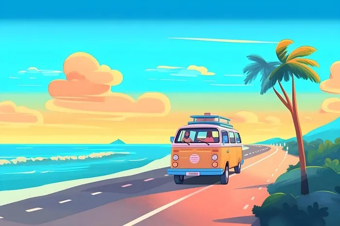 开车旅行海边公路天空云朵插画背景(3600x2400)