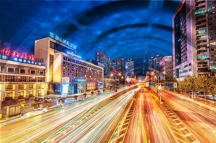 科技城市夜景光速隧道