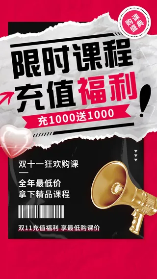 双十一教育行业会员充值优惠3D手机海报