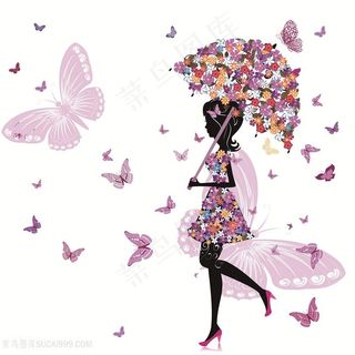 唯美花伞美女蝴蝶手绘插画