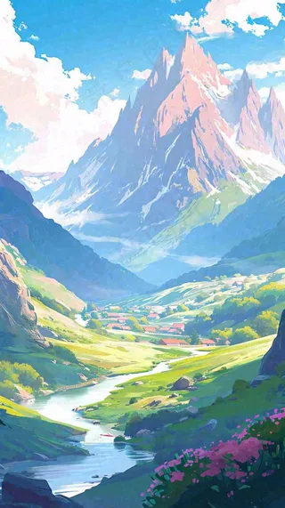 阳光春天细长流水山脉村庄小屋草坪，春分，旅行露营