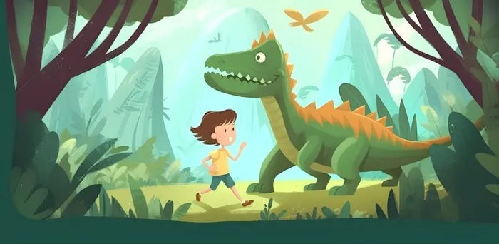 恐龙儿童大自然森林奔跑插画海报素材背景(6272x3072)
