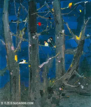 吴冠中手绘水彩树林美景