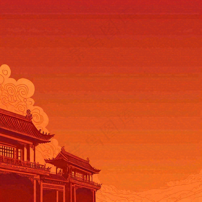 红色渐变国风建筑剪影，中国风简约(1024x1024)