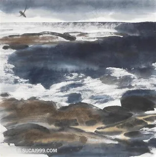 林风眠手绘水墨流水石头装饰画