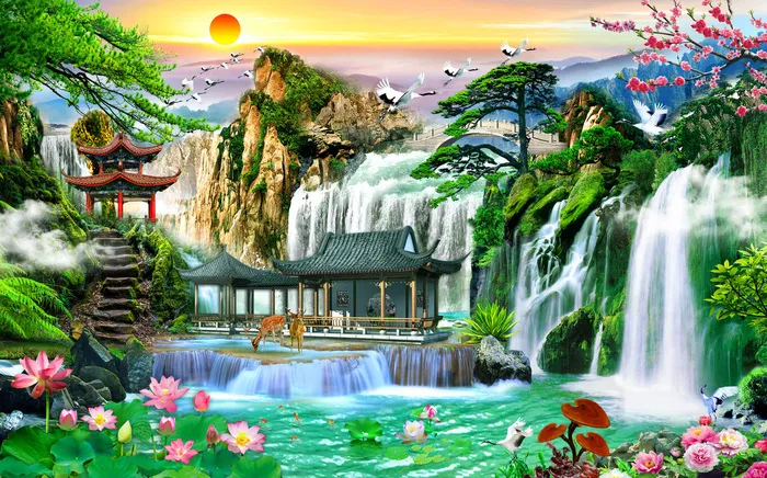 流水生财亭子竹子花卉风景psd模版下载