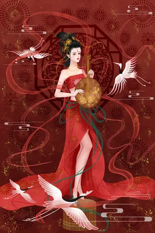 复古中国风国潮神话人物敦煌插画仙女手绘海报背景PSD设计素材