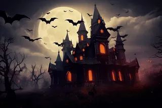 万圣节夜晚城堡蝙蝠恐怖插画背景