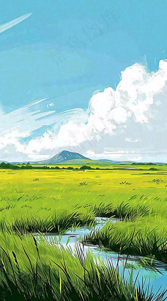 春天阳光灿烂远处的高山和田野春意盎然手绘卡通画(816x1472)