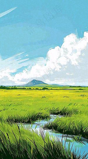 春天阳光灿烂远处的高山和田野春意盎然手绘卡通画