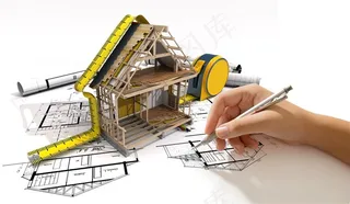 正在房屋模型上画图纸的高清摄图建筑效果图