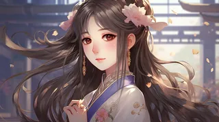 美丽的古风少女在古建筑里玩耍动漫插画图