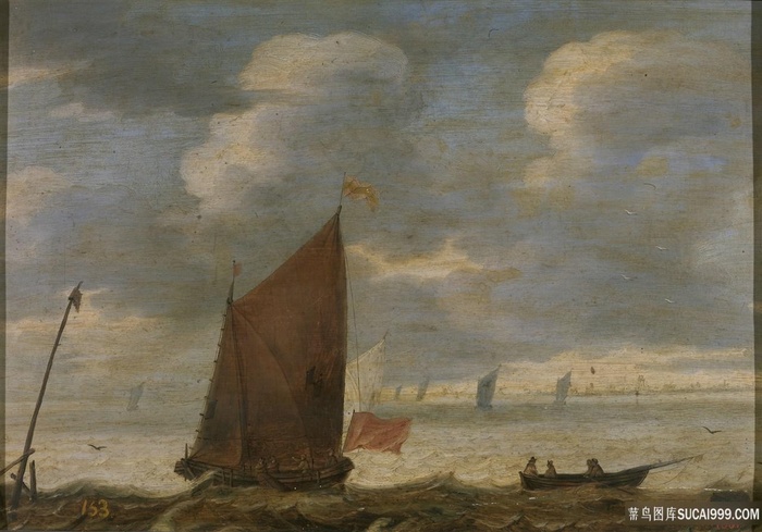 滨海-拉-科斯塔岛上渔民的匿名-帆船-和-巴尔卡风景画