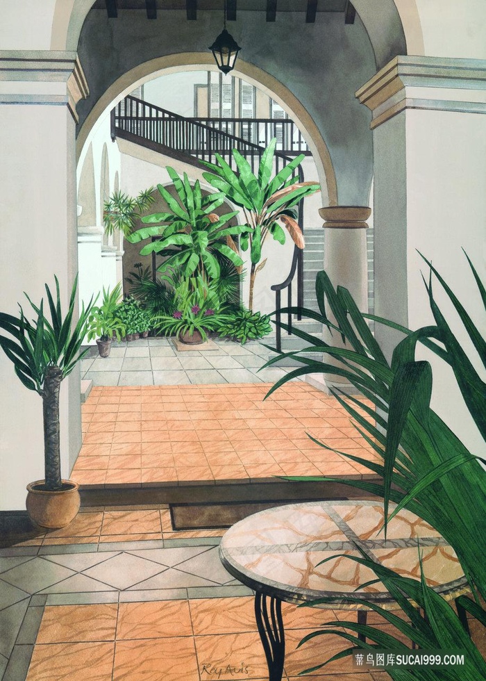 室内别墅风景画插画