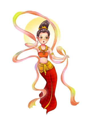 手绘国潮中国风古代敦煌神话飞天仙女美女古装人物插画PSD素材