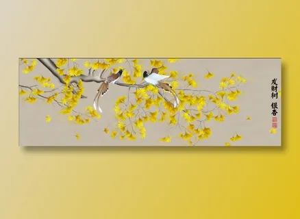 中国风工笔花鸟画发财树银杏树客厅卧室画玄关画图画免扣元素高清背景图