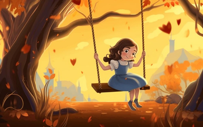 秋天女孩在树上荡秋千黄色落叶插画背景